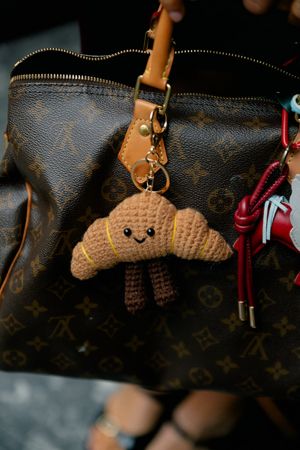 Crochet croissant keychain