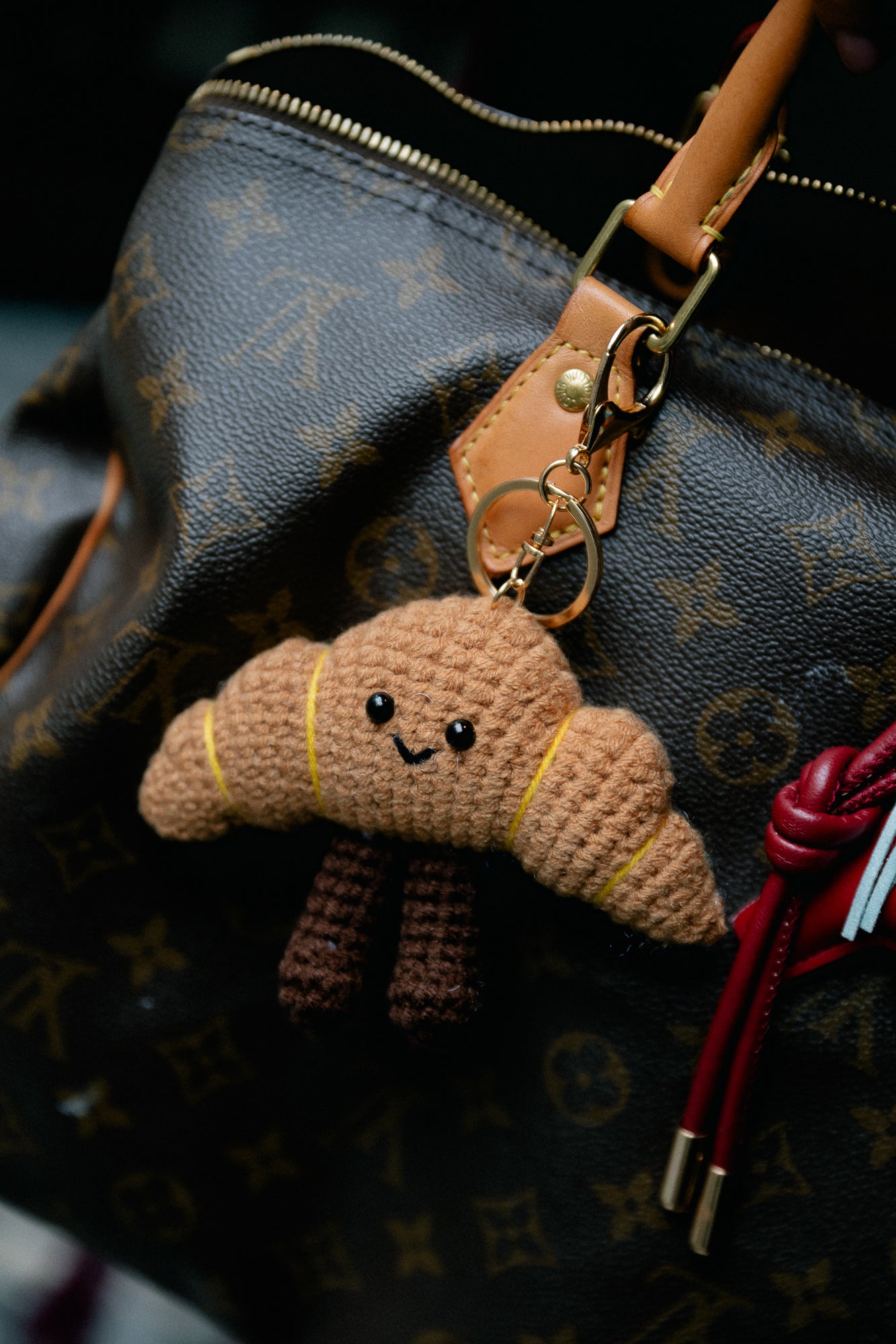Crochet croissant keychain