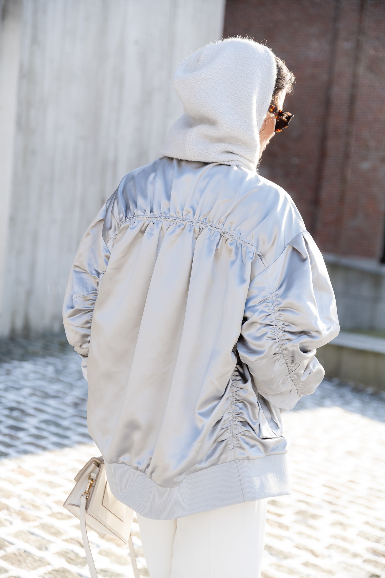 Heavy shiny bomber jacket pearl grey Les Jumelles