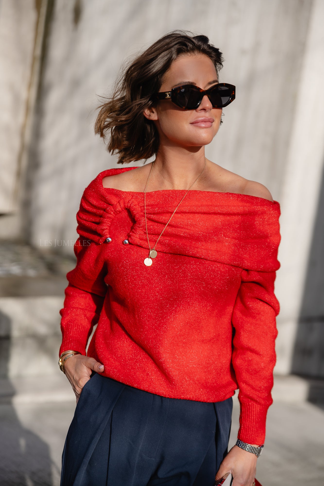 Red jumper off the shoulder sale