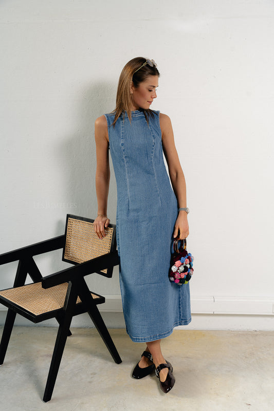 Les Jumelles Robe midi VIWinona S/L en denim bleu moyen