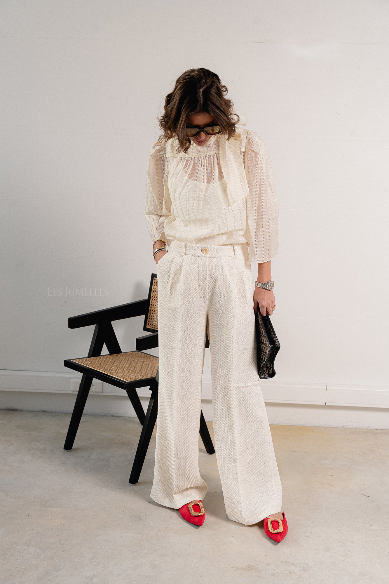 Sequined bouclé pants white