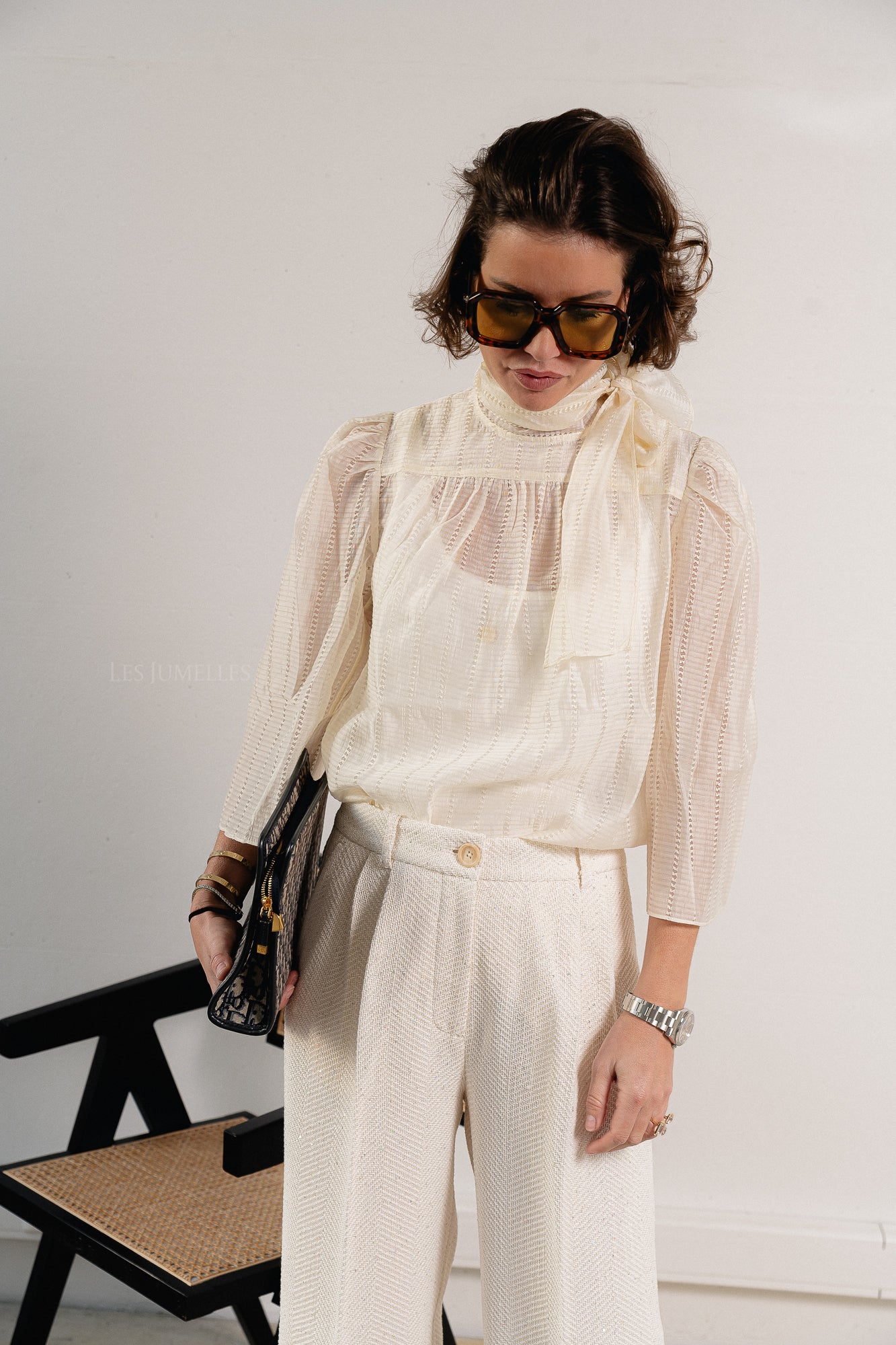 Pointelle high-neck bow blouse vanilla