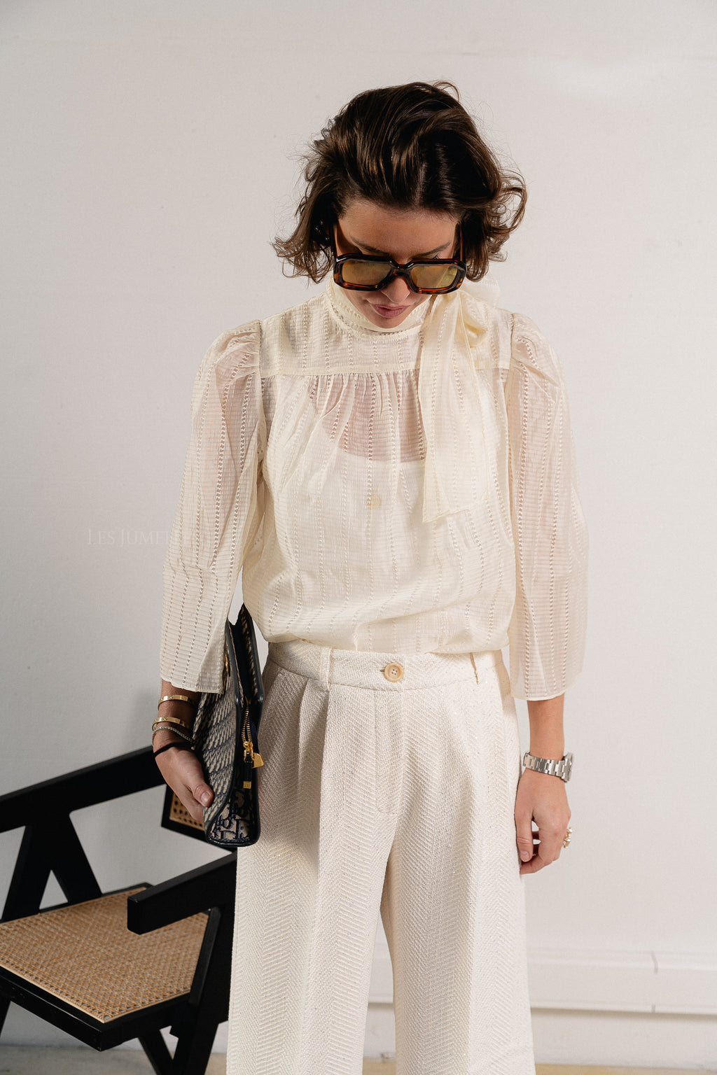 Pointelle high-neck bow blouse vanilla