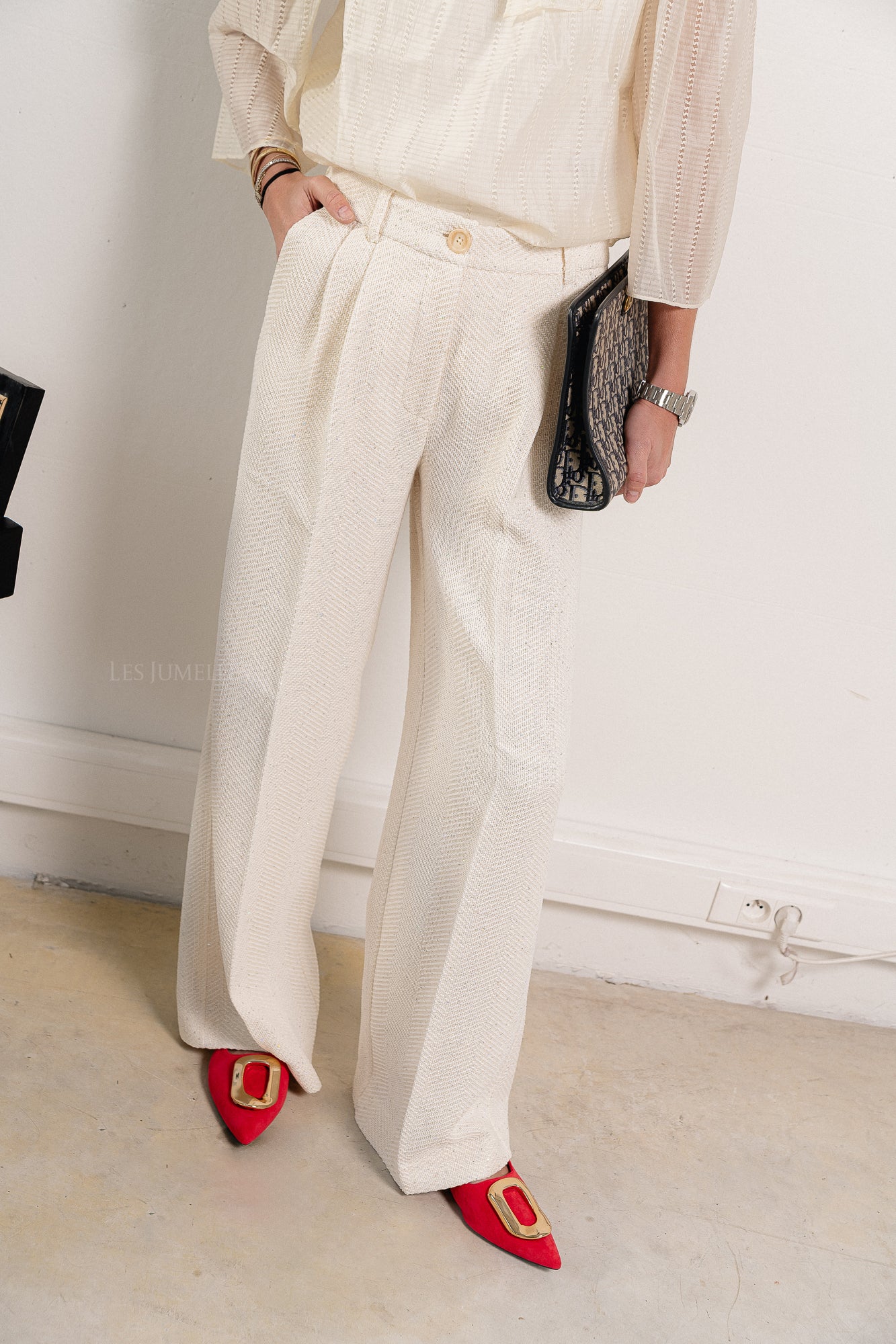 Sequined bouclé pants white