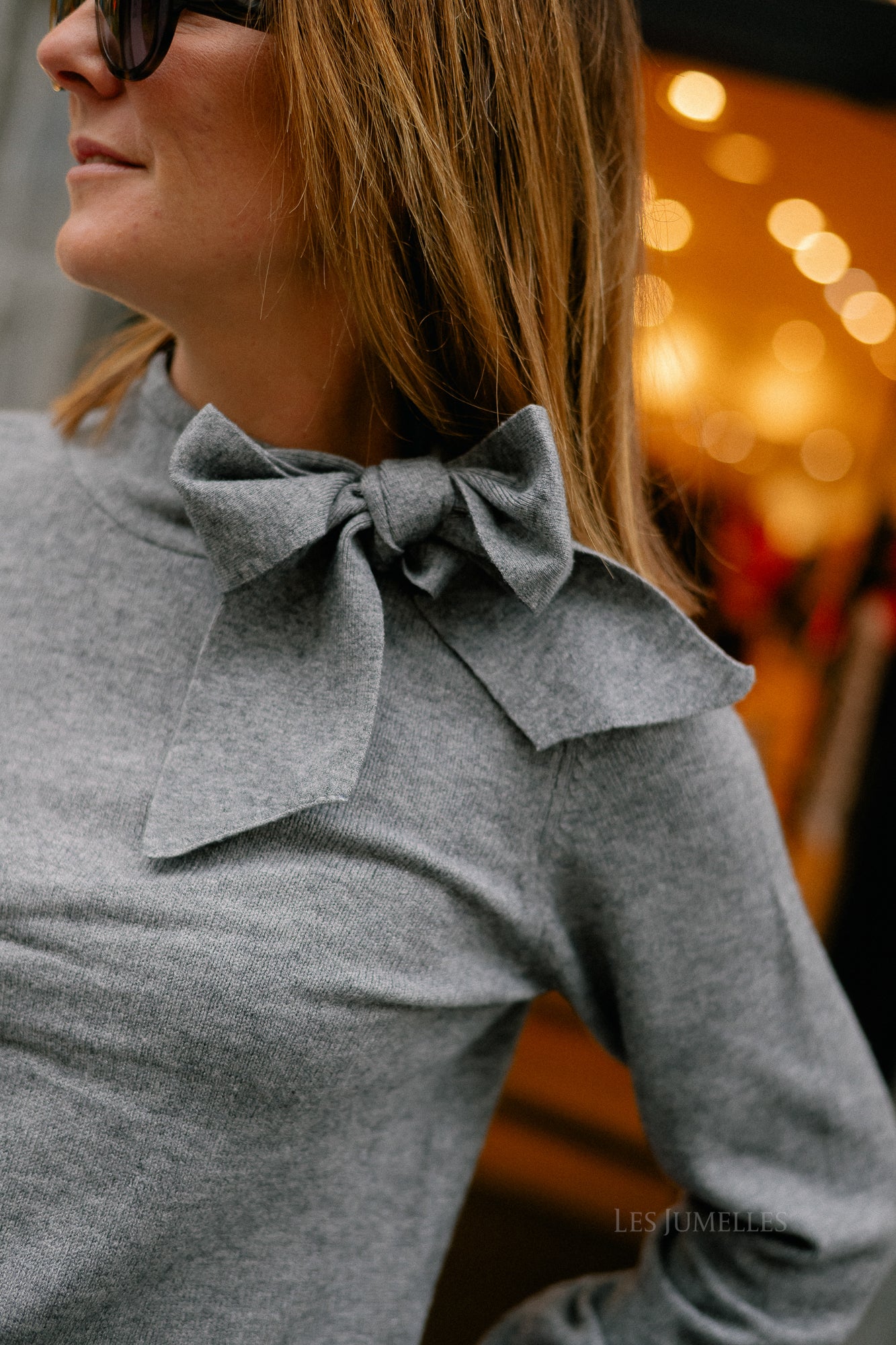 OBJThess LS bow knit pullover medium grey melange