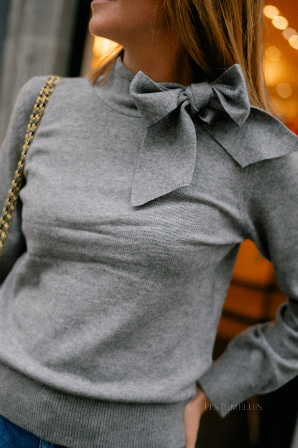 OBJThess LS bow knit pullover medium grey melange