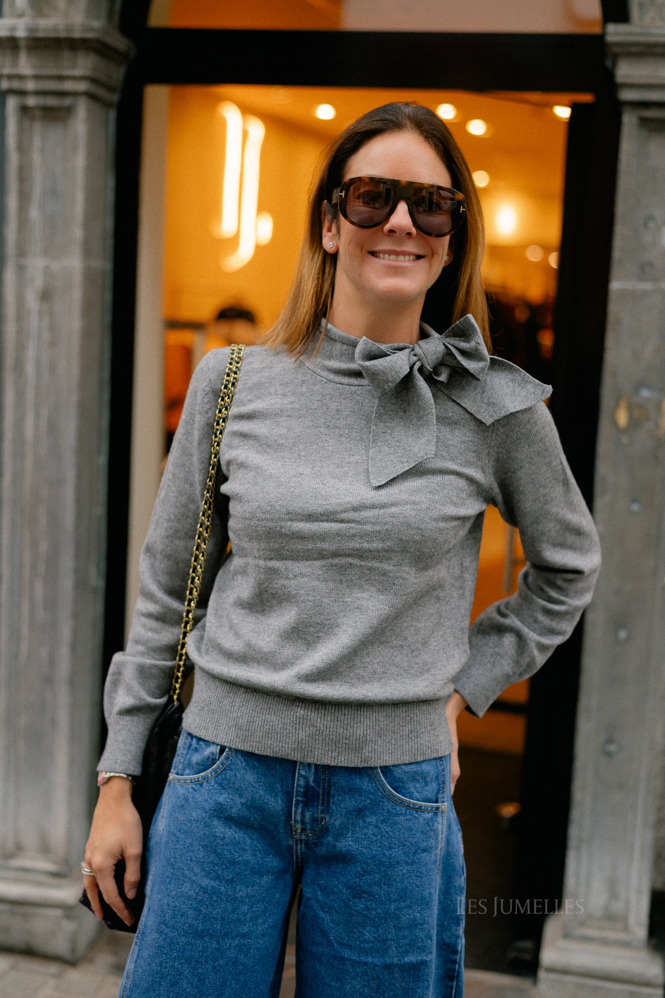 OBJThess LS bow knit pullover medium grey melange