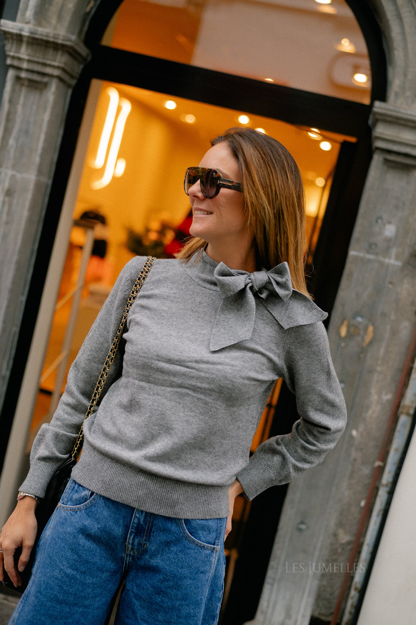 OBJThess LS bow knit pullover medium grey melange