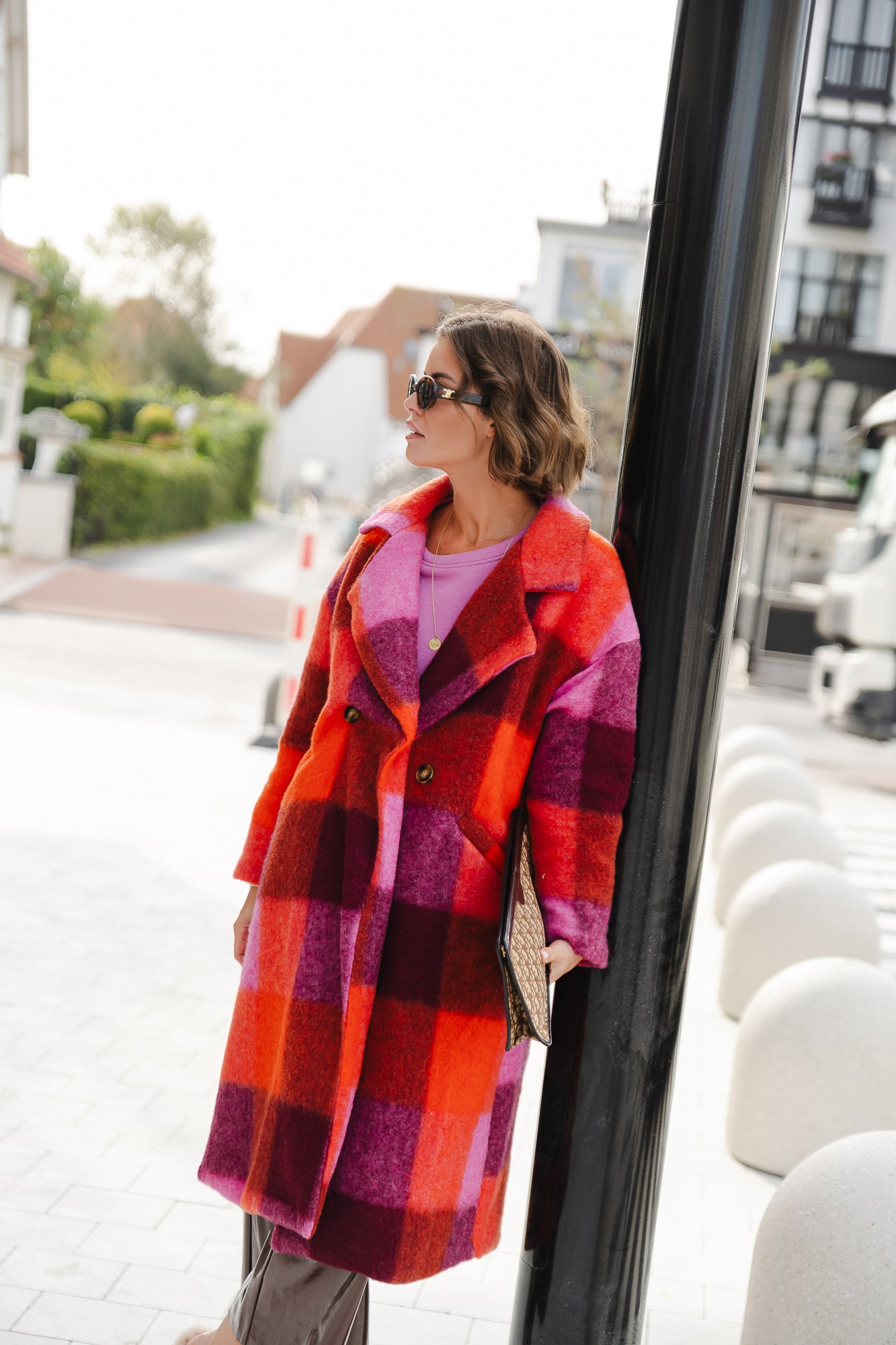 Candice checkered coat coral