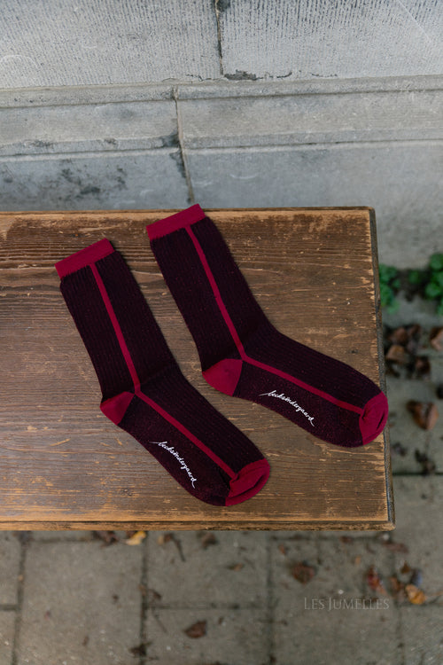 Chaussettes à rayures pailletées rouge figue
