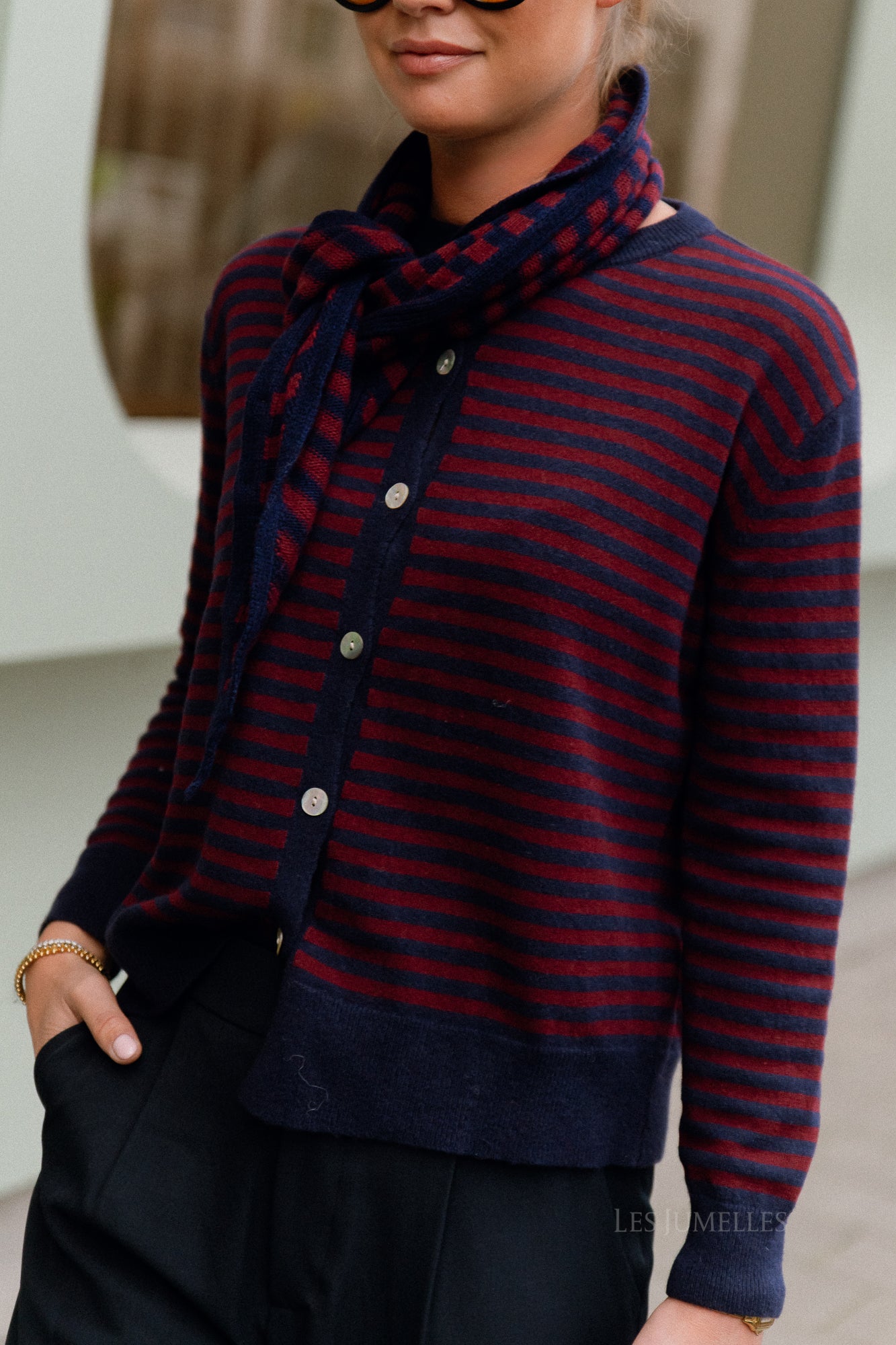 Lisa gestreifte Strickjacke Navy/Burgund