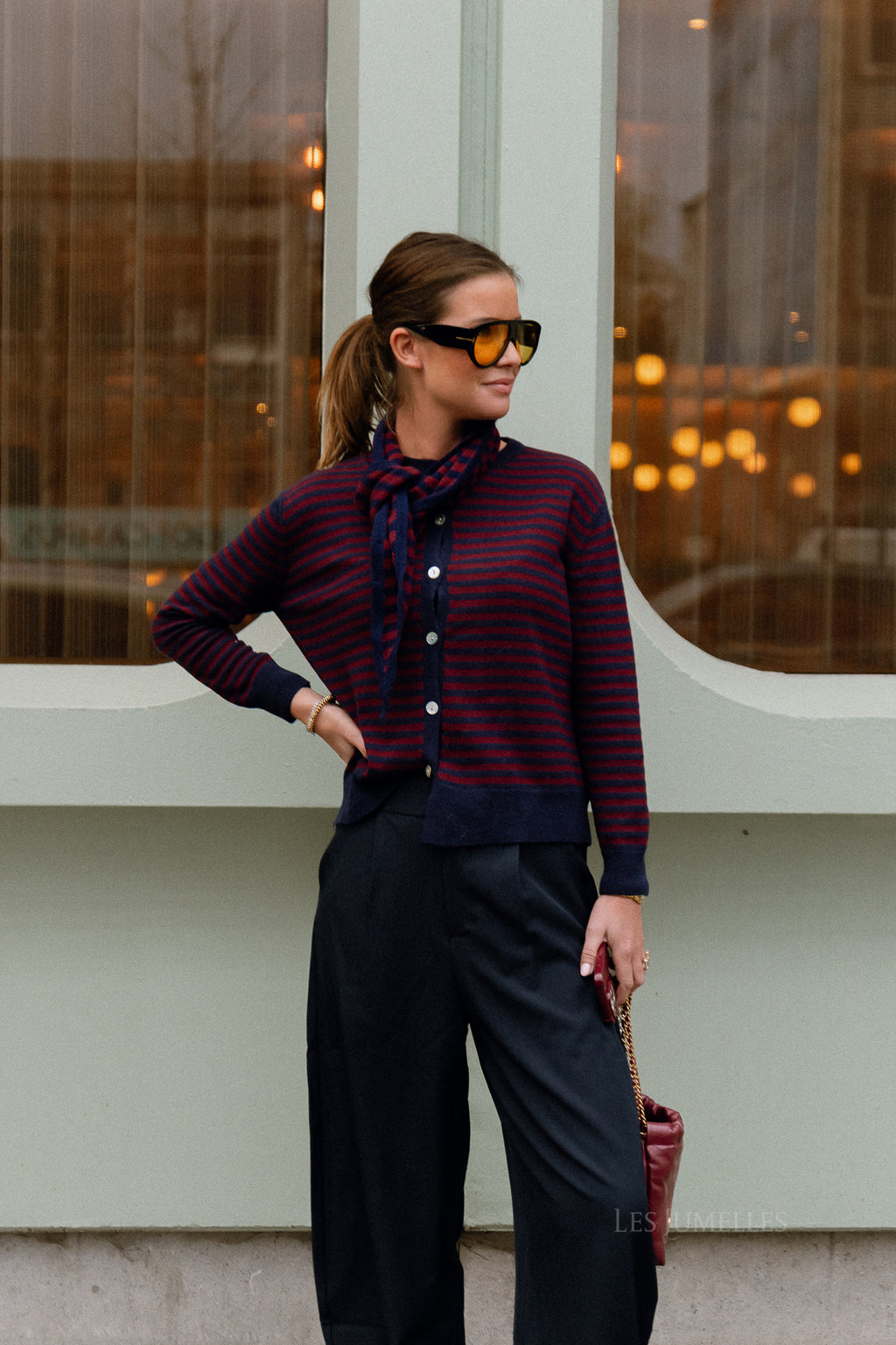 Lisa gestreifte Strickjacke Navy/Burgund