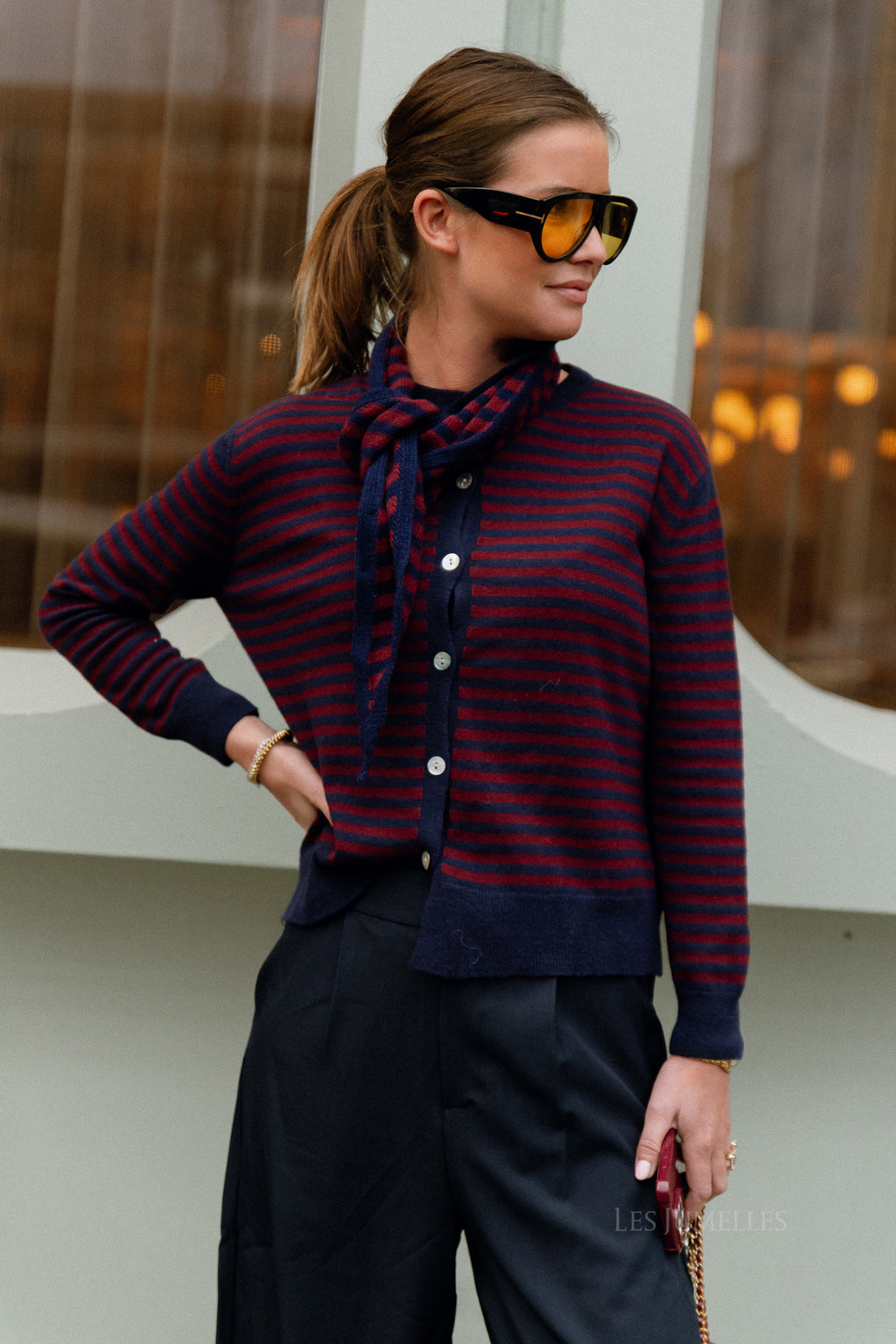 Lisa gestreifte Strickjacke Navy/Burgund