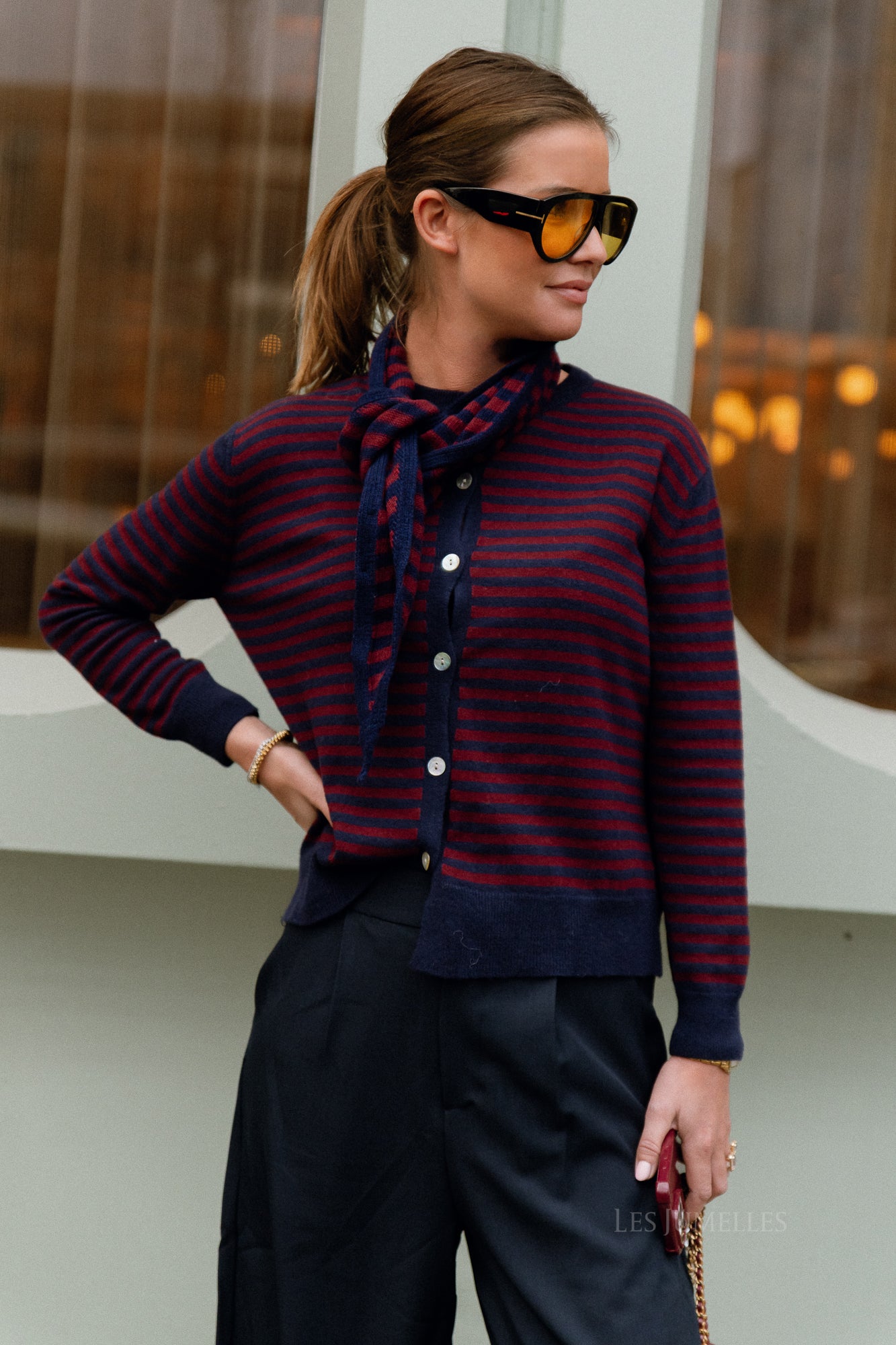 Lisa gestreifte Strickjacke Navy/Burgund