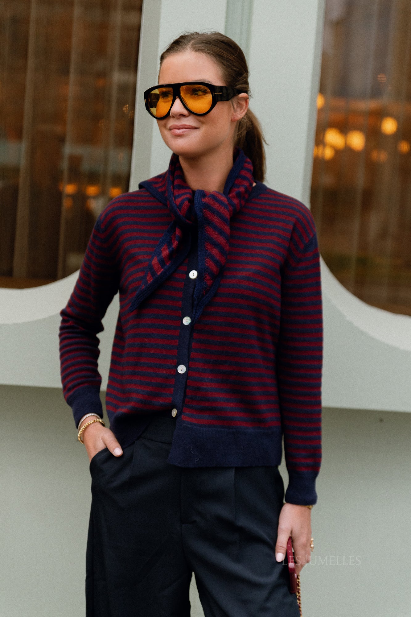 Lisa gestreifte Strickjacke Navy/Burgund