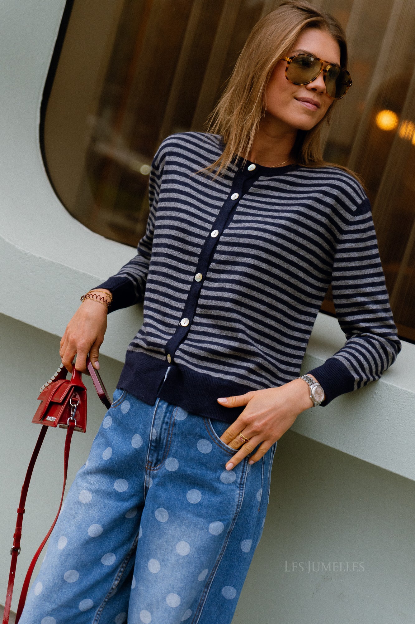 Lisa gestreifte Strickjacke Navy/Grau