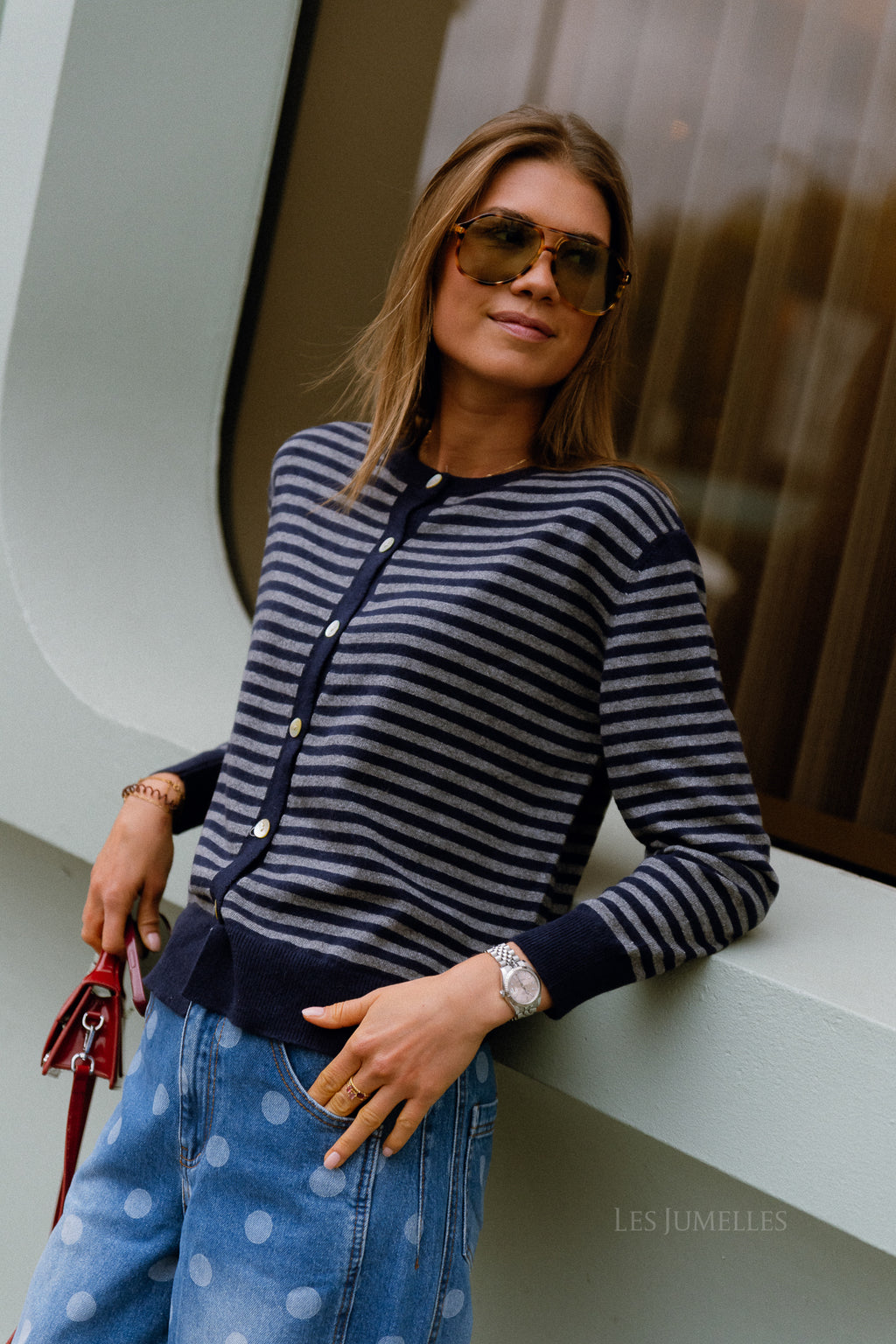 Lisa gestreifte Strickjacke Navy/Grau