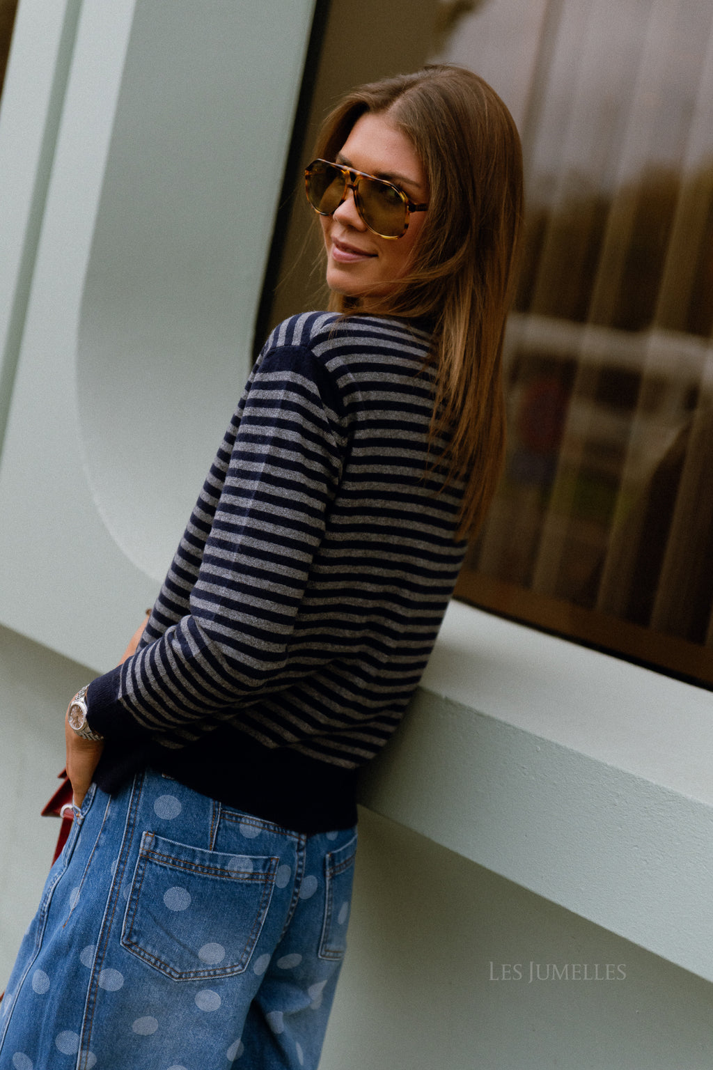 Lisa gestreifte Strickjacke Navy/Grau