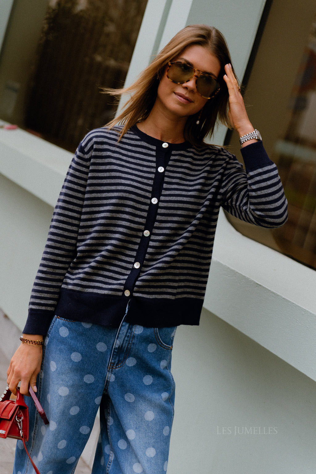 Lisa gestreifte Strickjacke Navy/Grau