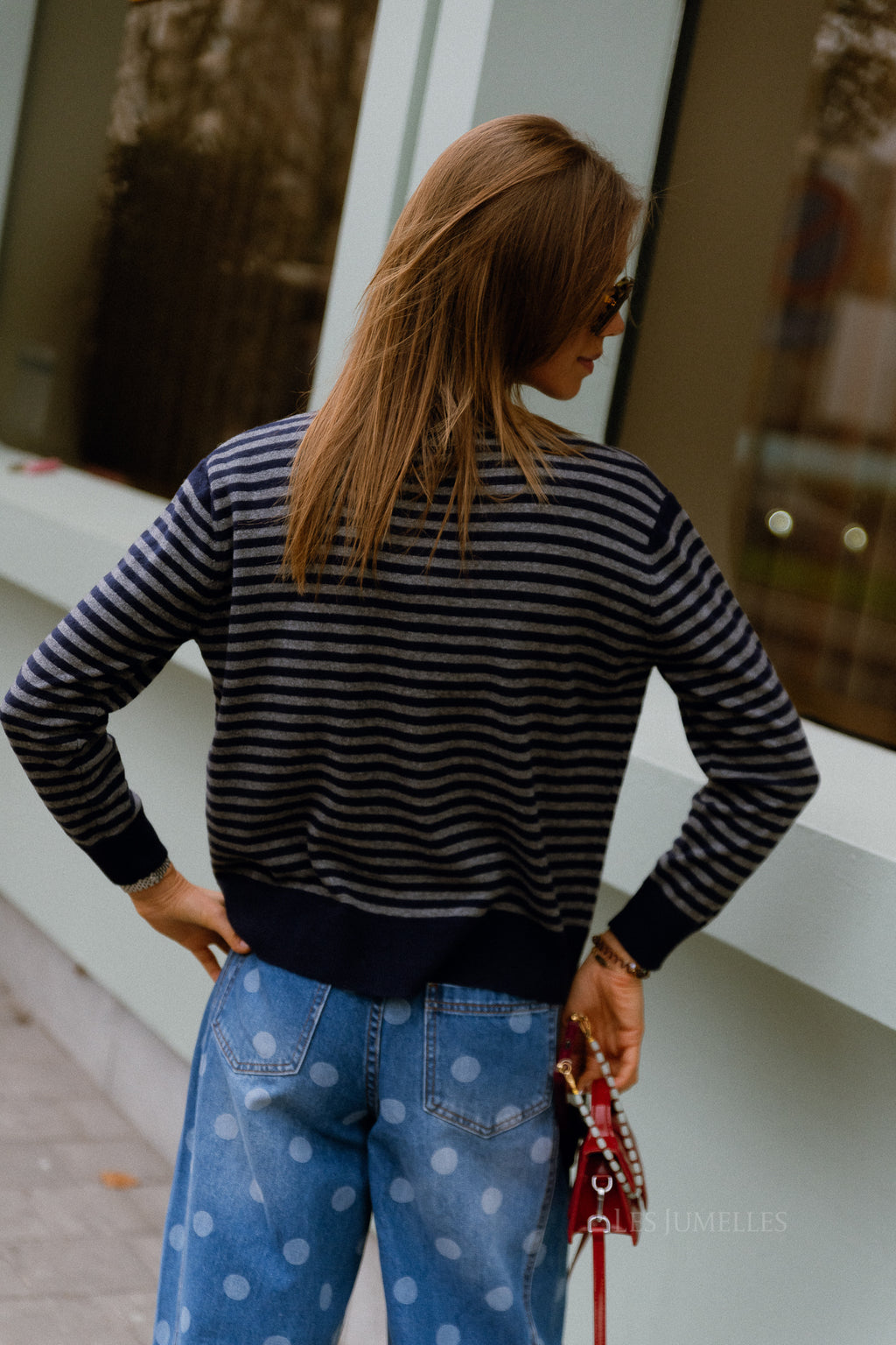 Lisa gestreifte Strickjacke Navy/Grau