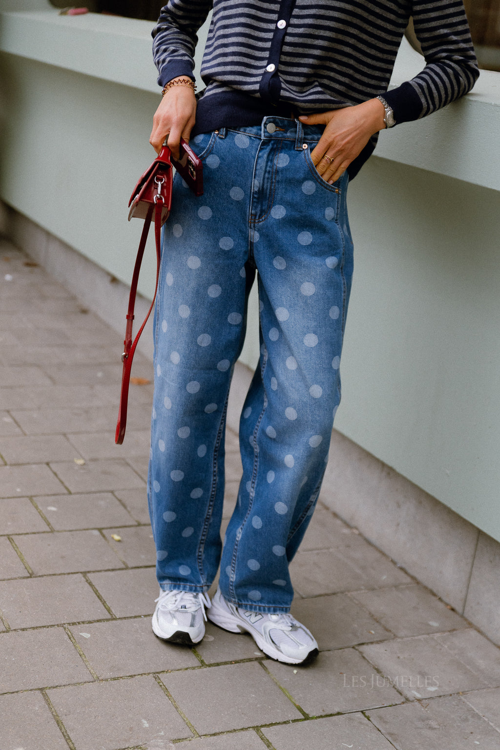 YASLua HW barrel jeans medium blue denim/white dots