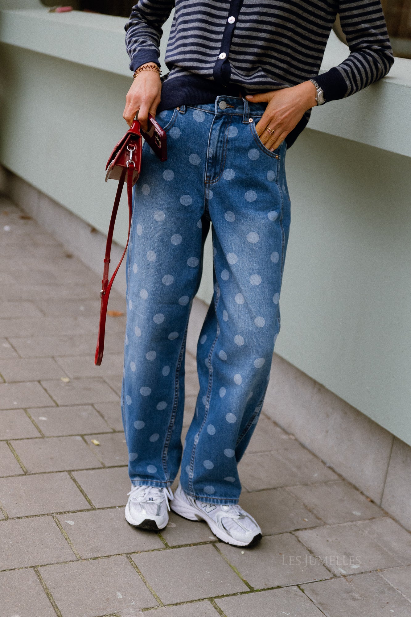 YASLua HW barrel jeans medium blue denim/white dots