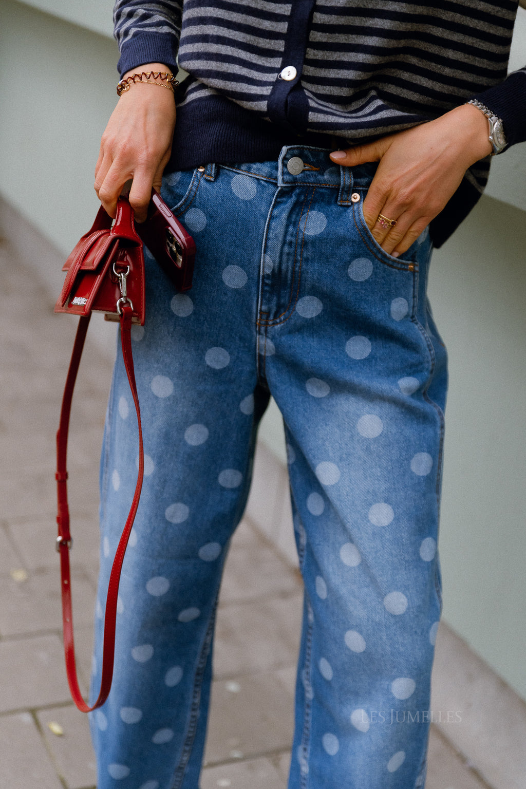 YASLua HW barrel jeans medium blue denim/white dots