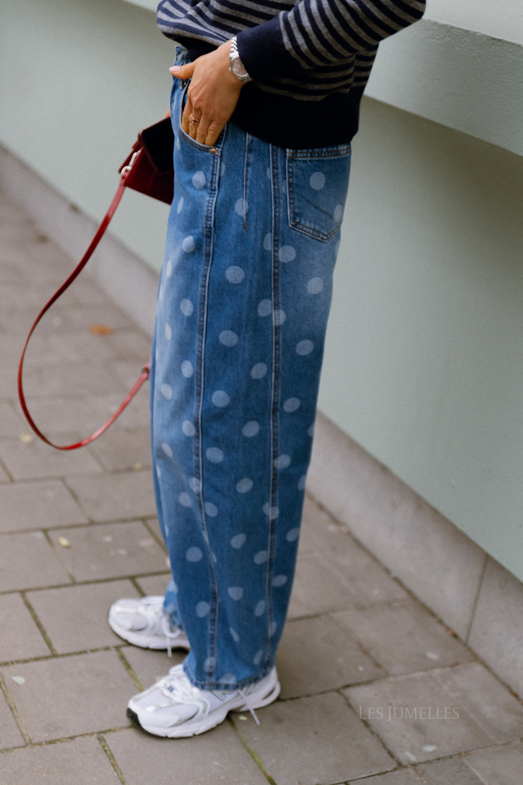 YASLua HW barrel jeans medium blue denim/white dots