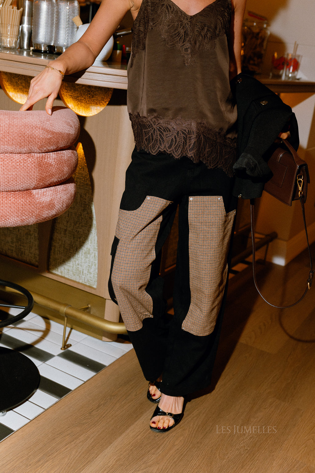 Cargo-Denim-Hose Hahnentritt Schwarz