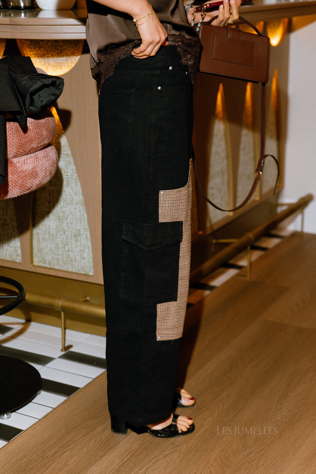 Cargo-Denim-Hose Hahnentritt Schwarz