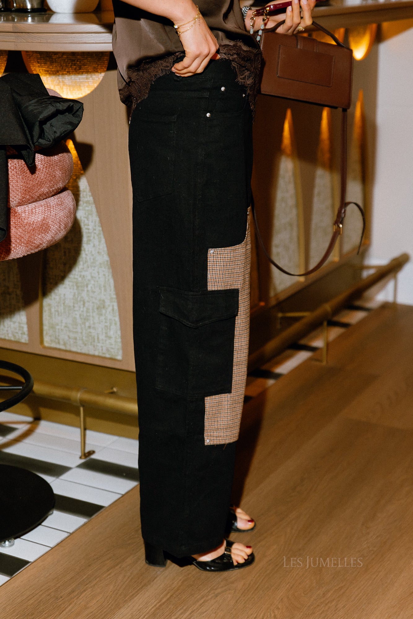 Cargo denim houndstooth trousers black