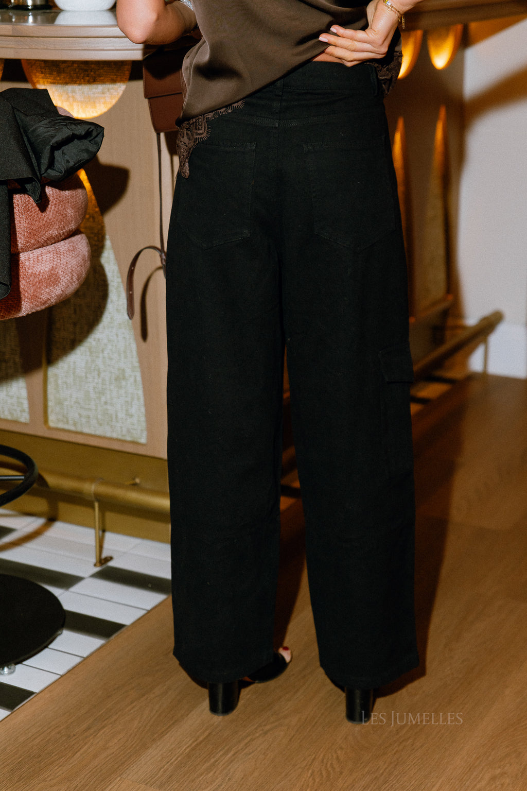 Cargo-Denim-Hose Hahnentritt Schwarz