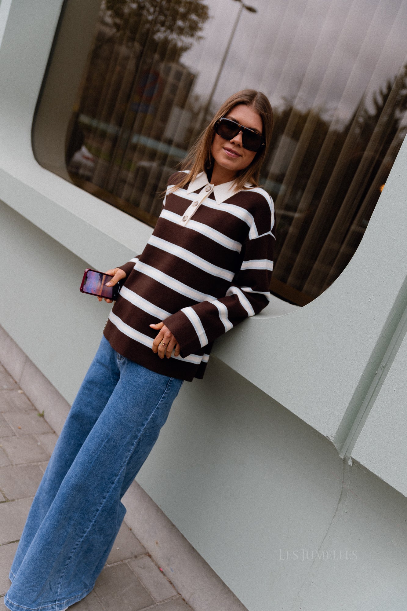 YASIsabell Pull polo manches longues en maille marron chocolat/rayures