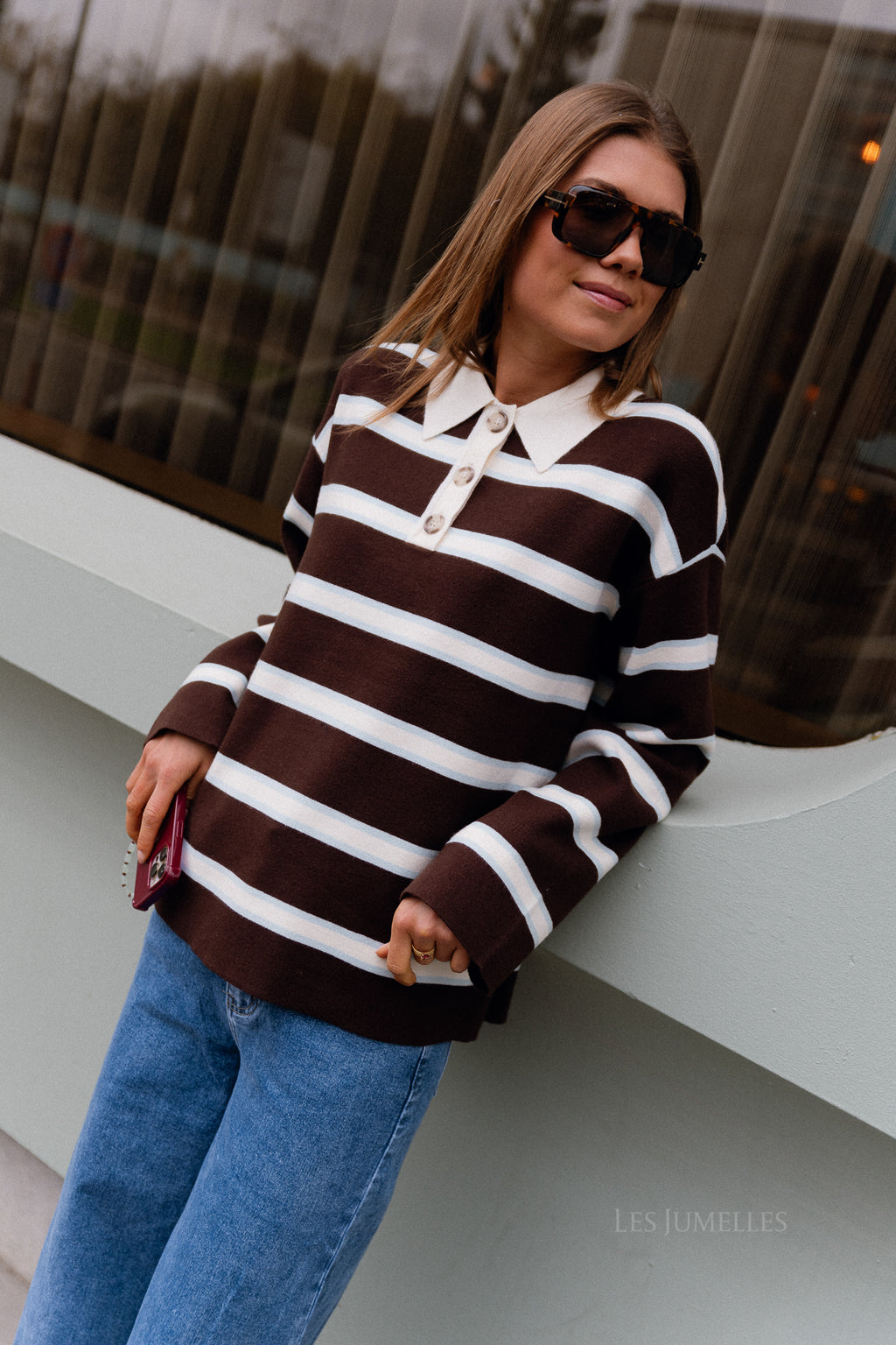 YASIsabell Pull polo manches longues en maille marron chocolat/rayures