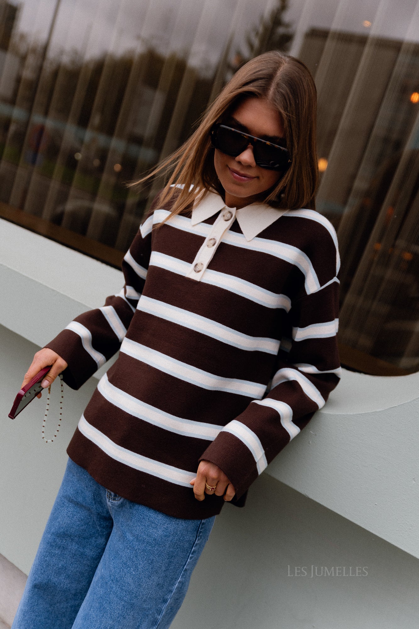 YASIsabell Pull polo manches longues en maille marron chocolat/rayures