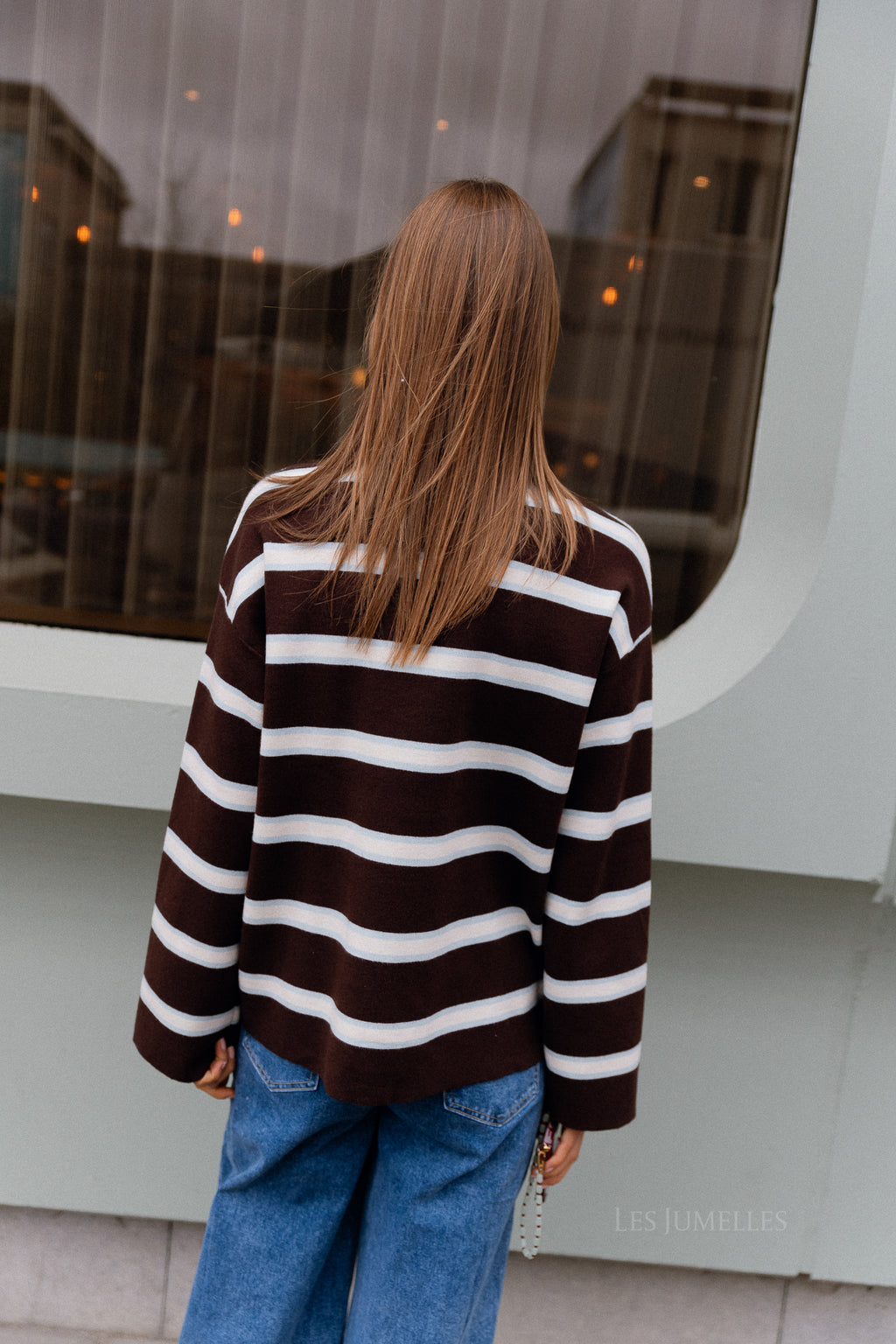 YASIsabell Pull polo manches longues en maille marron chocolat/rayures