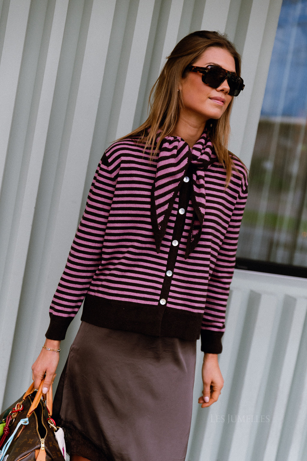 Lisa gestreifte Strickjacke Hot Chocolate/Rosa