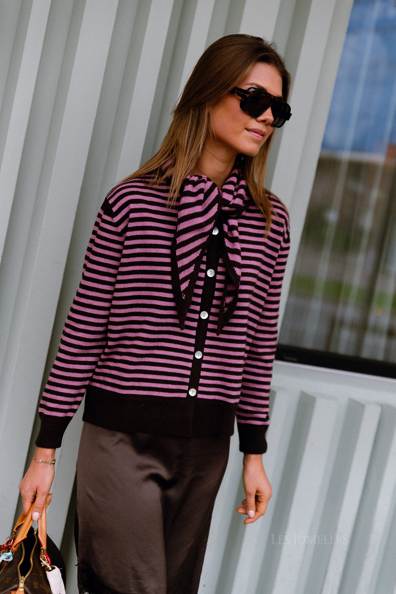 Lisa gestreifte Strickjacke Hot Chocolate/Rosa