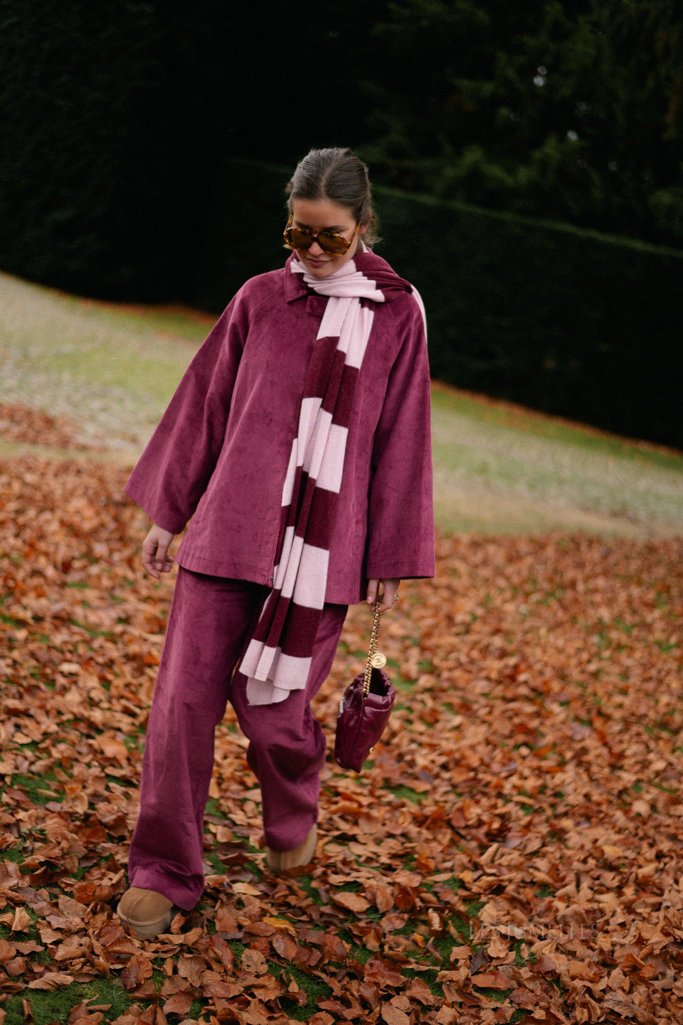 Ella gestreepte sjaal babyroze/bordeaux