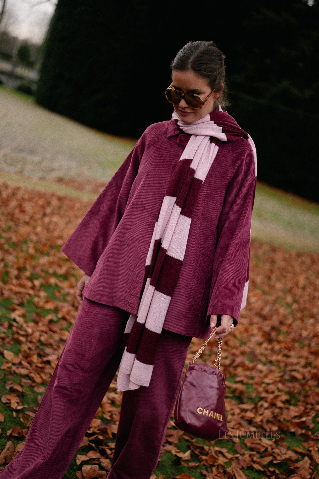 Ella gestreepte sjaal babyroze/bordeaux