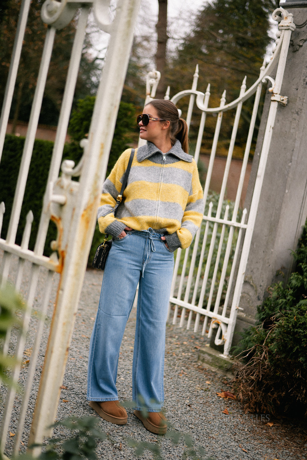 Astrid gestreifter Pullover in Grau/Gelb