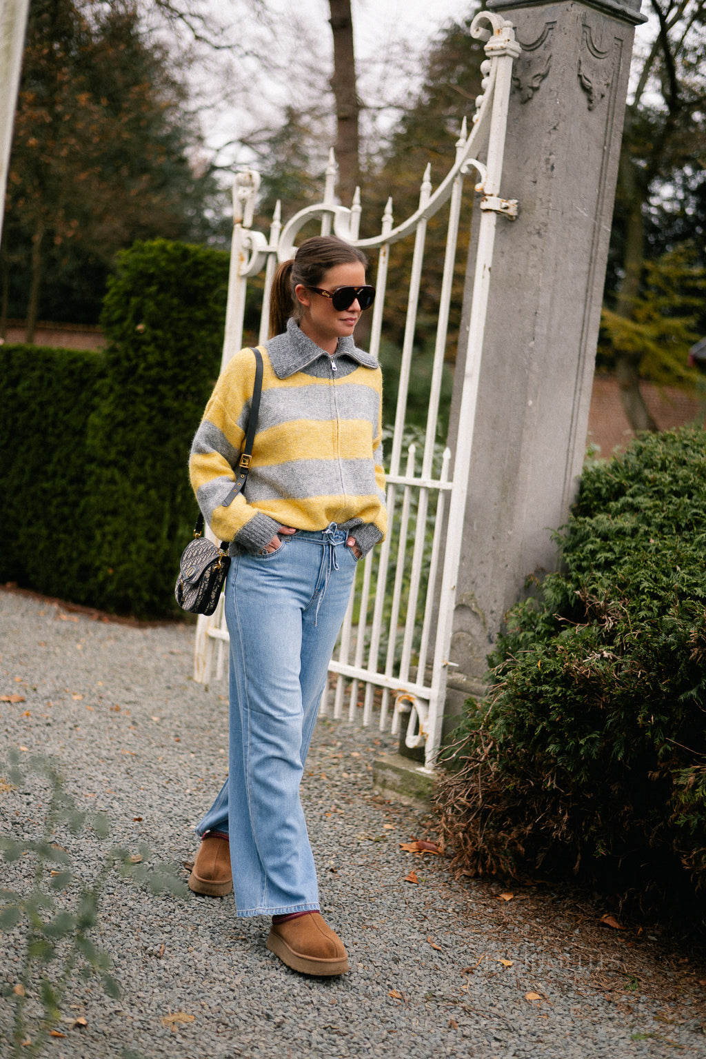 Astrid gestreifter Pullover in Grau/Gelb