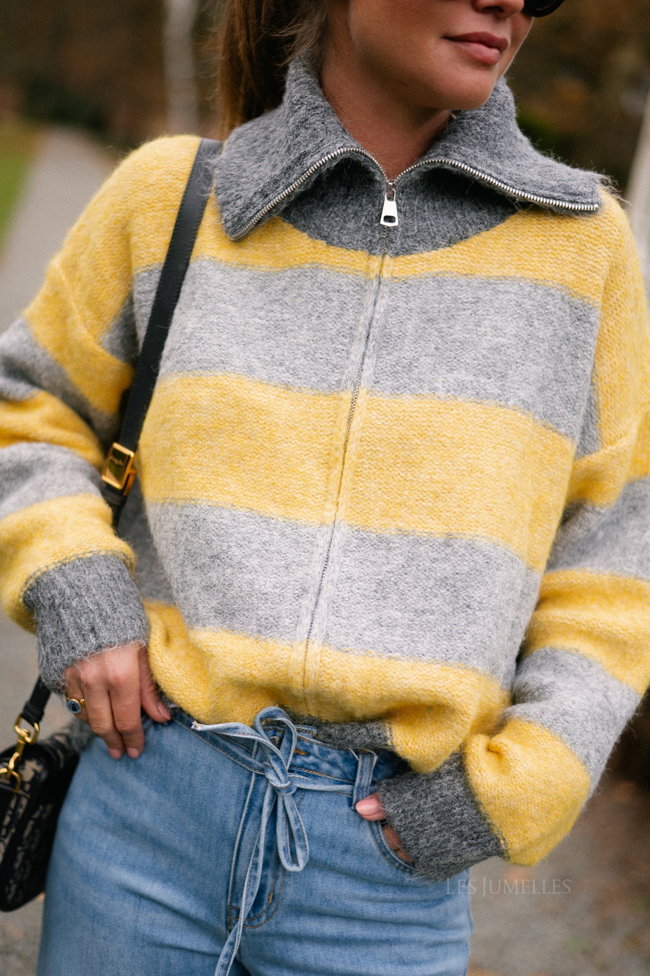 Astrid gestreepte trui grijs/geel