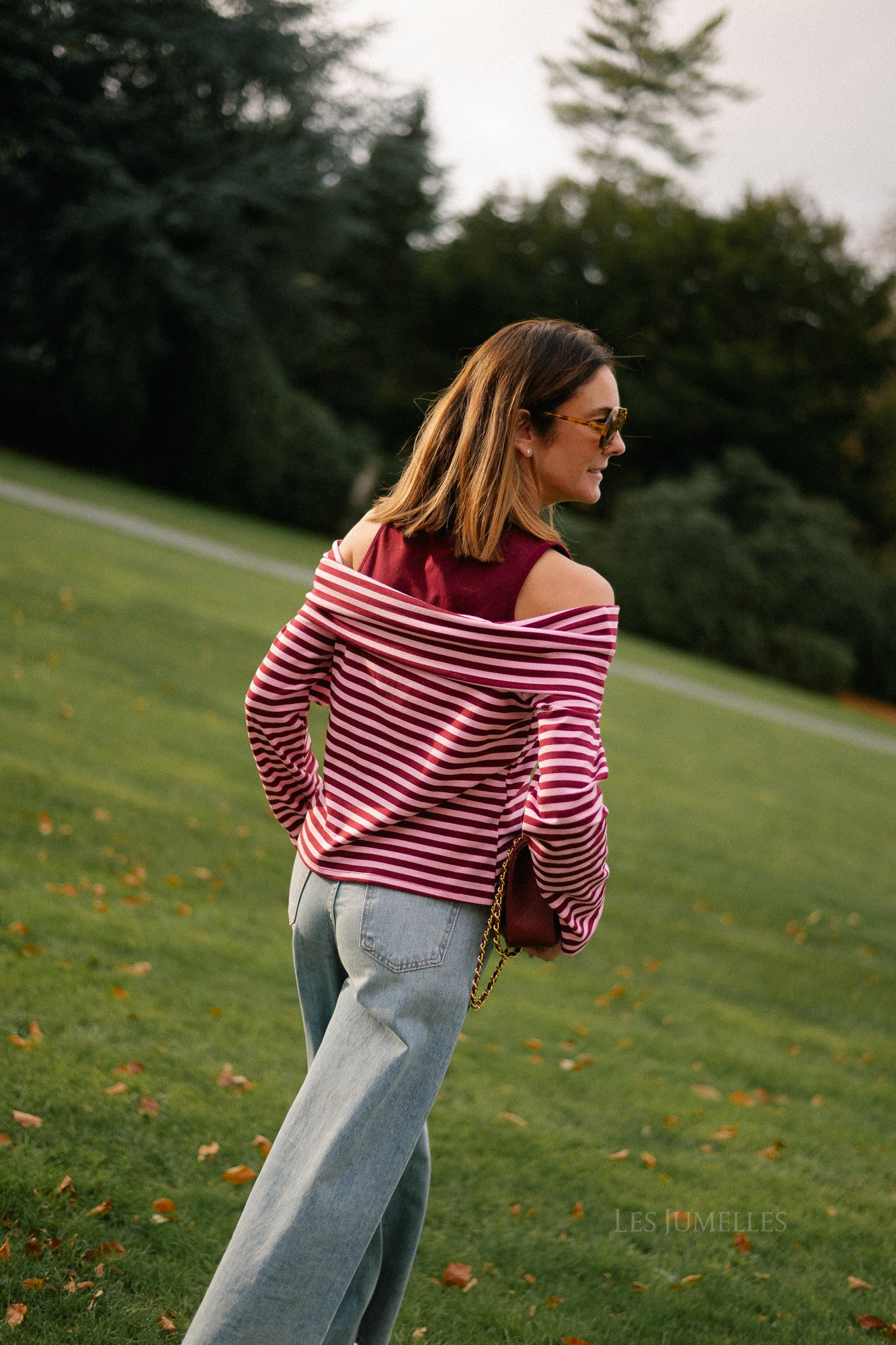 Marley off shoulder striped shirt burgundy/pink