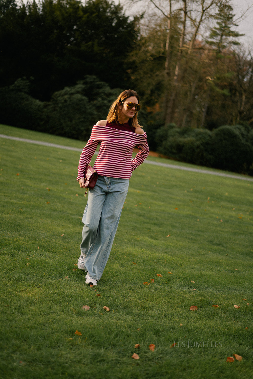 Marley off shoulder striped shirt burgundy/pink