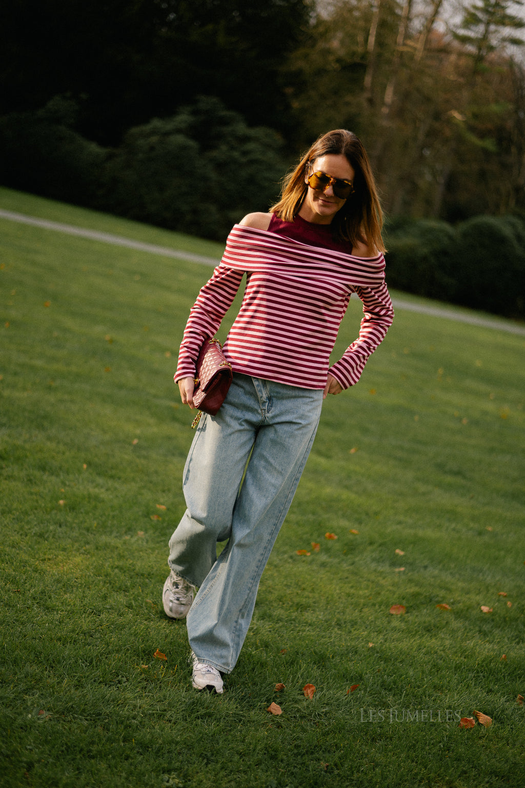 Marley off shoulder striped shirt burgundy/pink