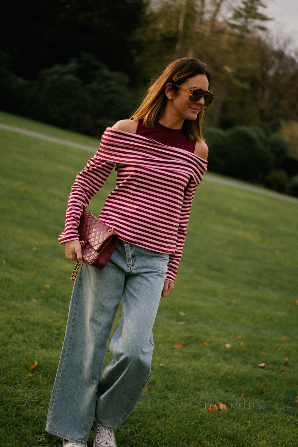 Marley off shoulder striped shirt burgundy/pink