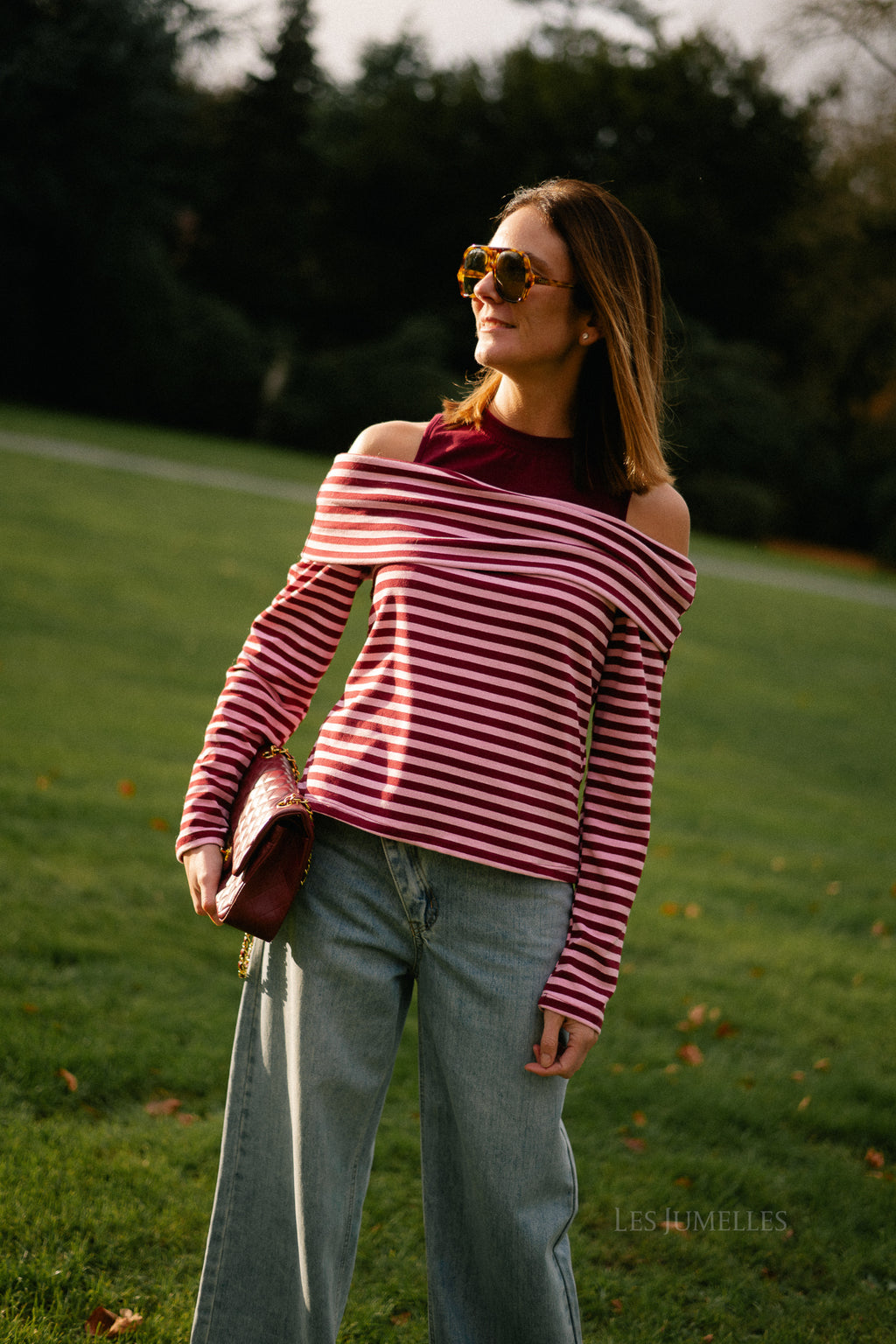Marley off shoulder striped shirt burgundy/pink