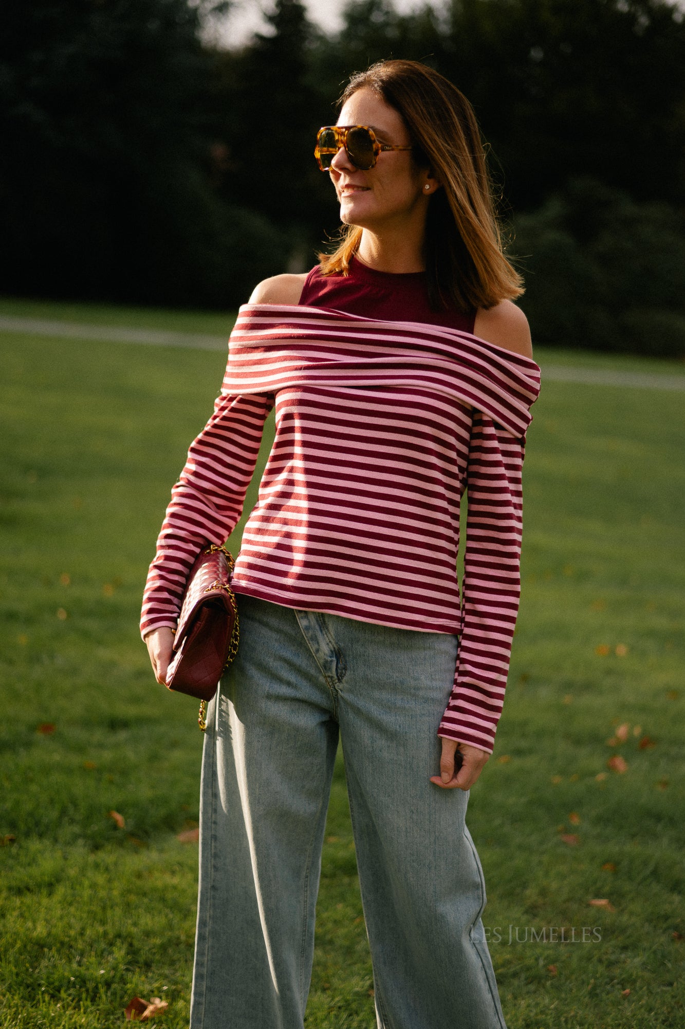 Marley off shoulder striped shirt burgundy/pink